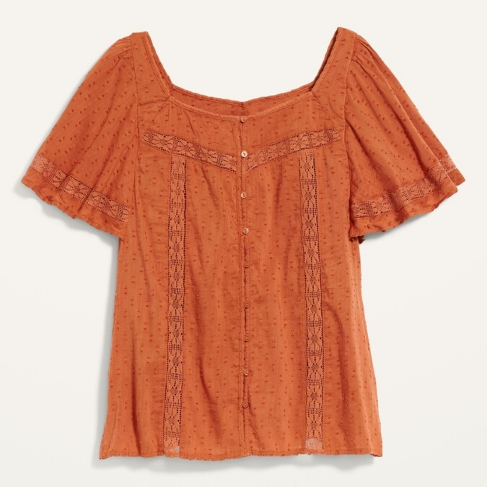 Old Navy - oversized clip-dot crochet lace button front blouse - rust orange xs